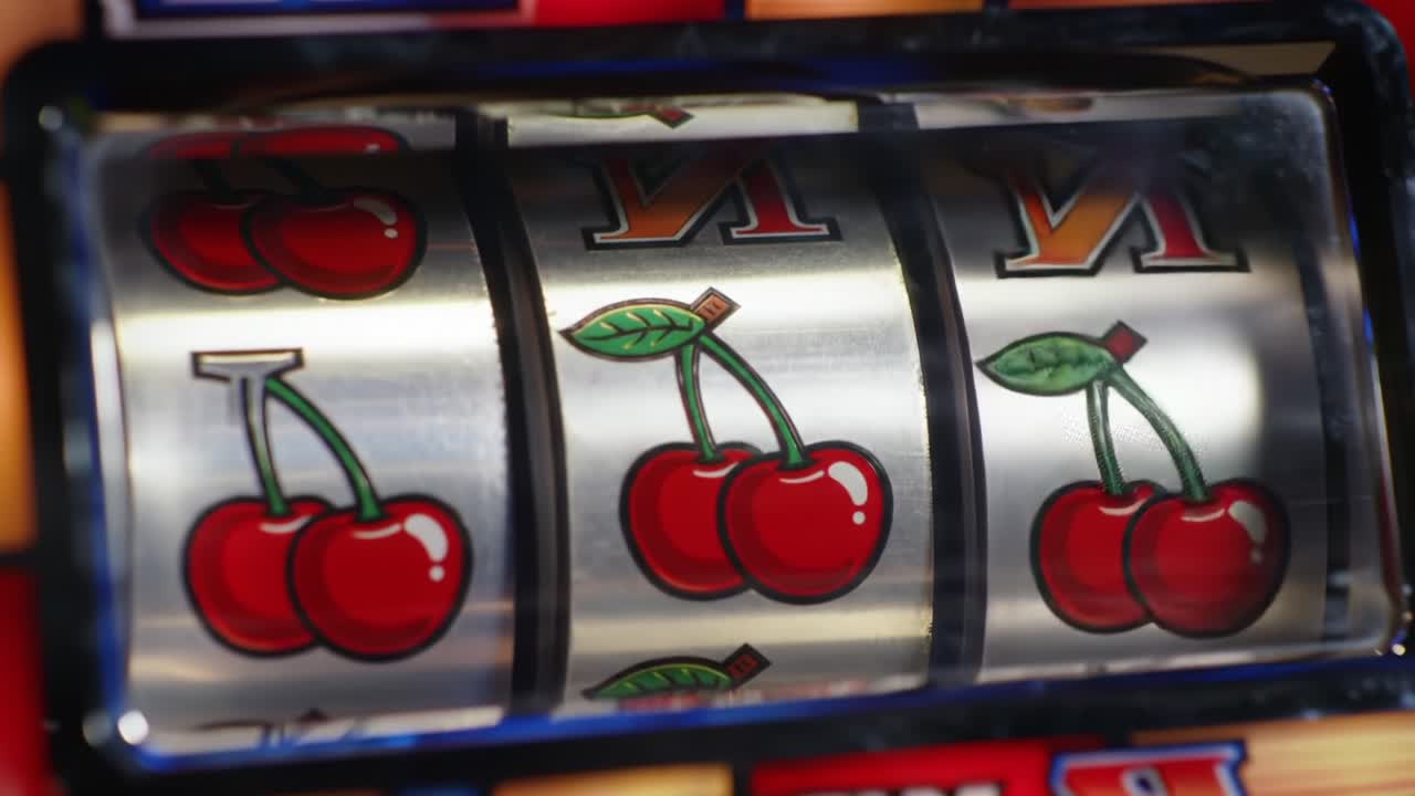 Exciting Spin of the Reels: A Close-Up Look at the Classic Cherry Symbols on a Slot Machine, Highlighting the Thrill of Gambling and Winning Potential