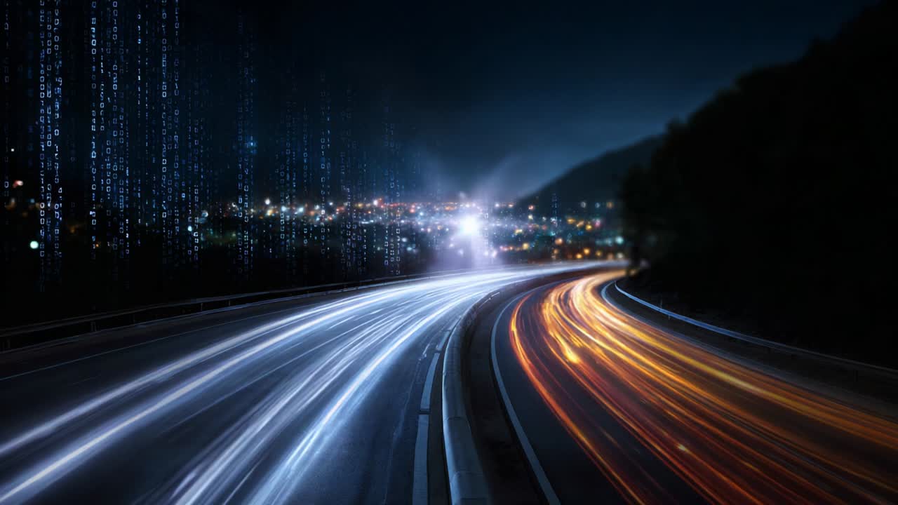 Un'avvincente scena notturna che mostra una strada tortuosa illuminata da scie di luce vivaci, suggerendo il movimento dei veicoli, intrecciata con elementi digitali che creano un'atmosfera futuristica.