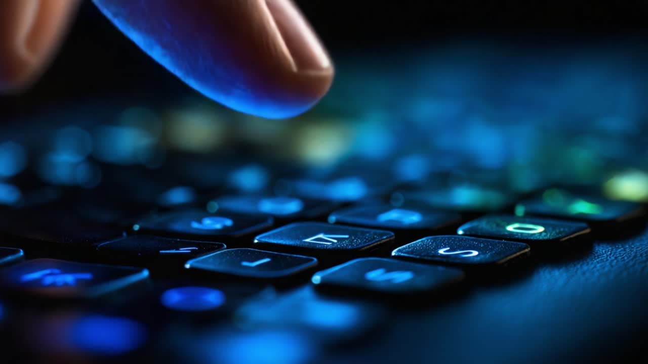 A captivating close-up of a hand hovering over an illuminated keyboard, showcasing the vibrant colors and intricate details of the keys, ideal for tech enthusiasts and digital creators alike