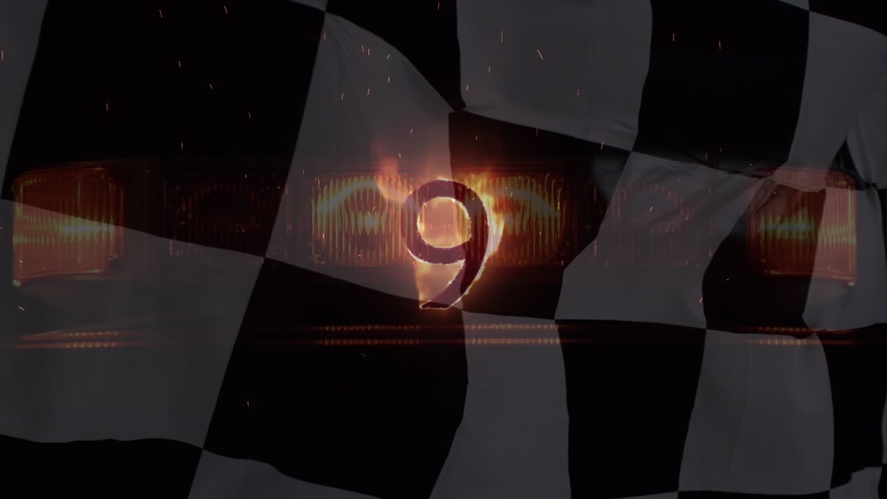 animación del número nueve en llamas sobre la bandera de carreras en blanco y negro