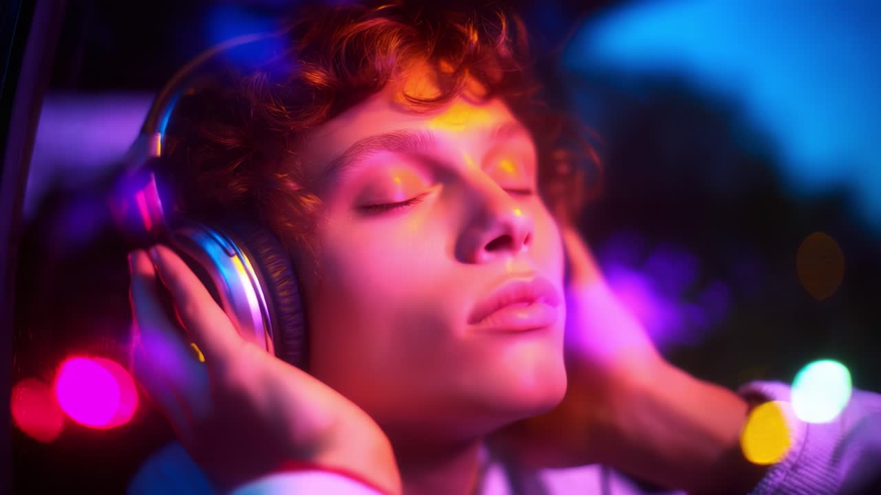 A thoughtful young individual immersed in a dreamlike state, enjoying music through headphones, surrounded by a colorful blur of lights that create a mesmerizing atmosphere while reflecting inner peace and creativity