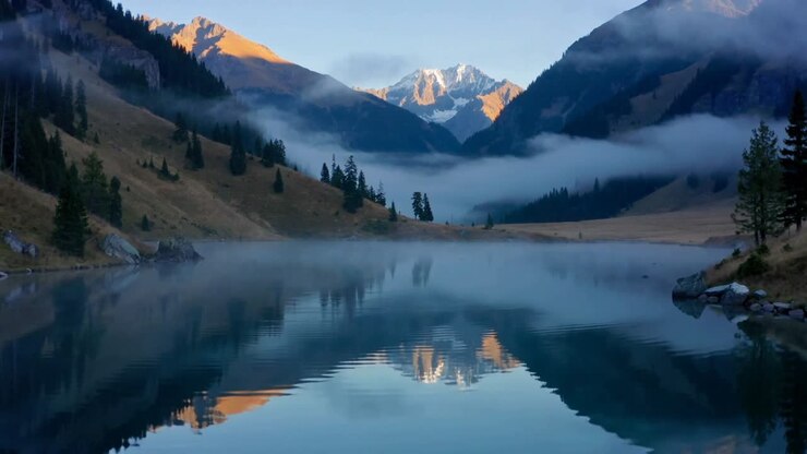 Lago di montagna che riflette una cima innevata mentre la nebbia si muove e una leggera brezza crea increspature.
