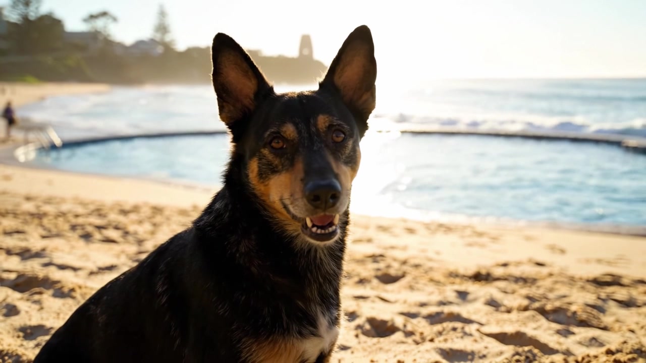 Un cane giocoso si gode una giornata di sole in spiaggia, catturando la gioia della natura e della luce solare in due commoventi inquadrature.