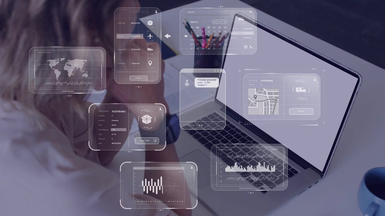 Woman adjusting smartwatch, activating HUDs above laptop showing charts, map, messages for business