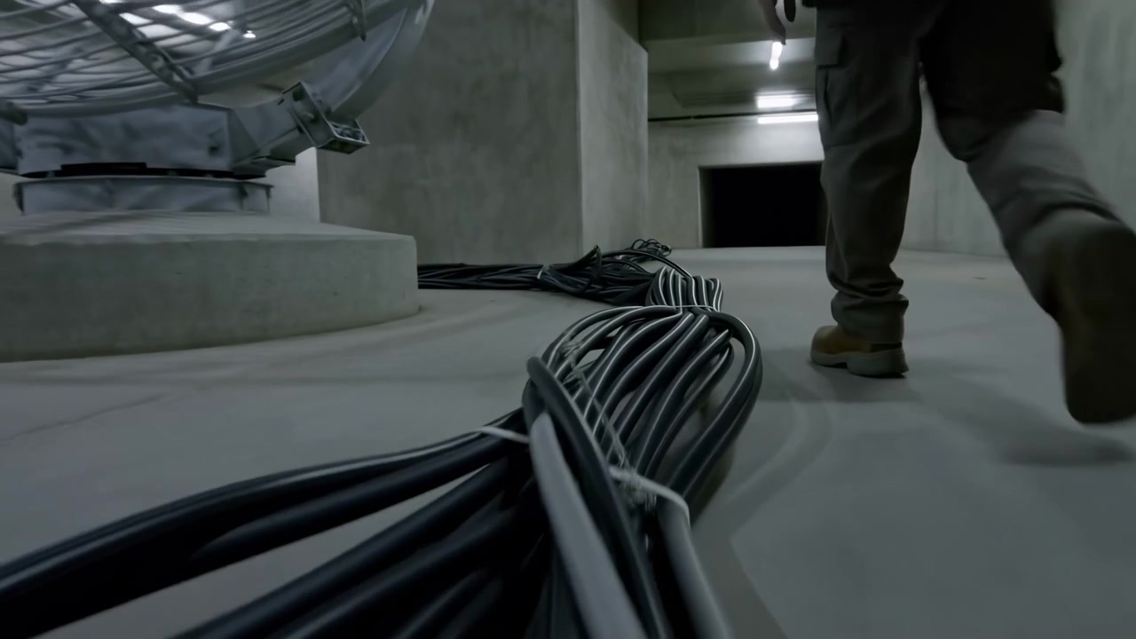 Ekstremt lavt synspunkt, der viser tunge oprullede elektriske kabler i forgrunden, der fører hen imod en mørk rektangulær åbning, mens en tekniker går væk.