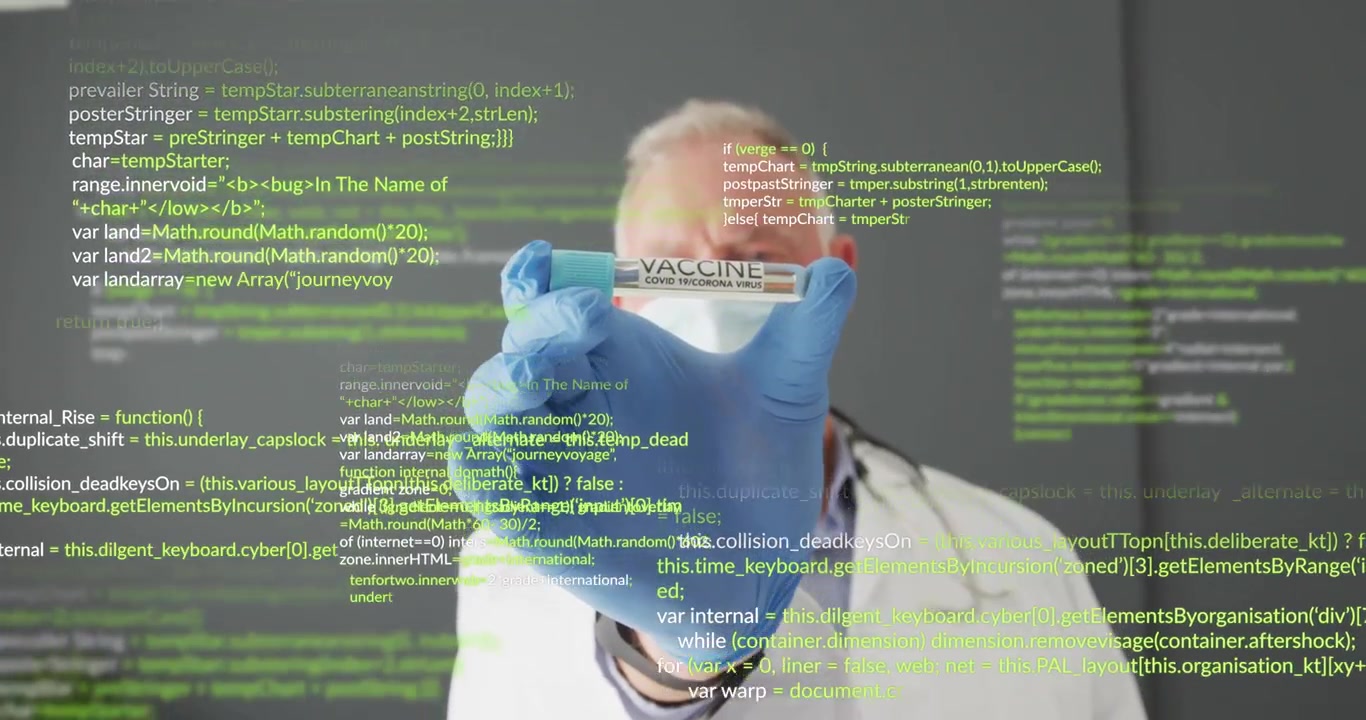 Senior doctor bringing vaccine vial in lab while scrolling code overlay revealing health analysis