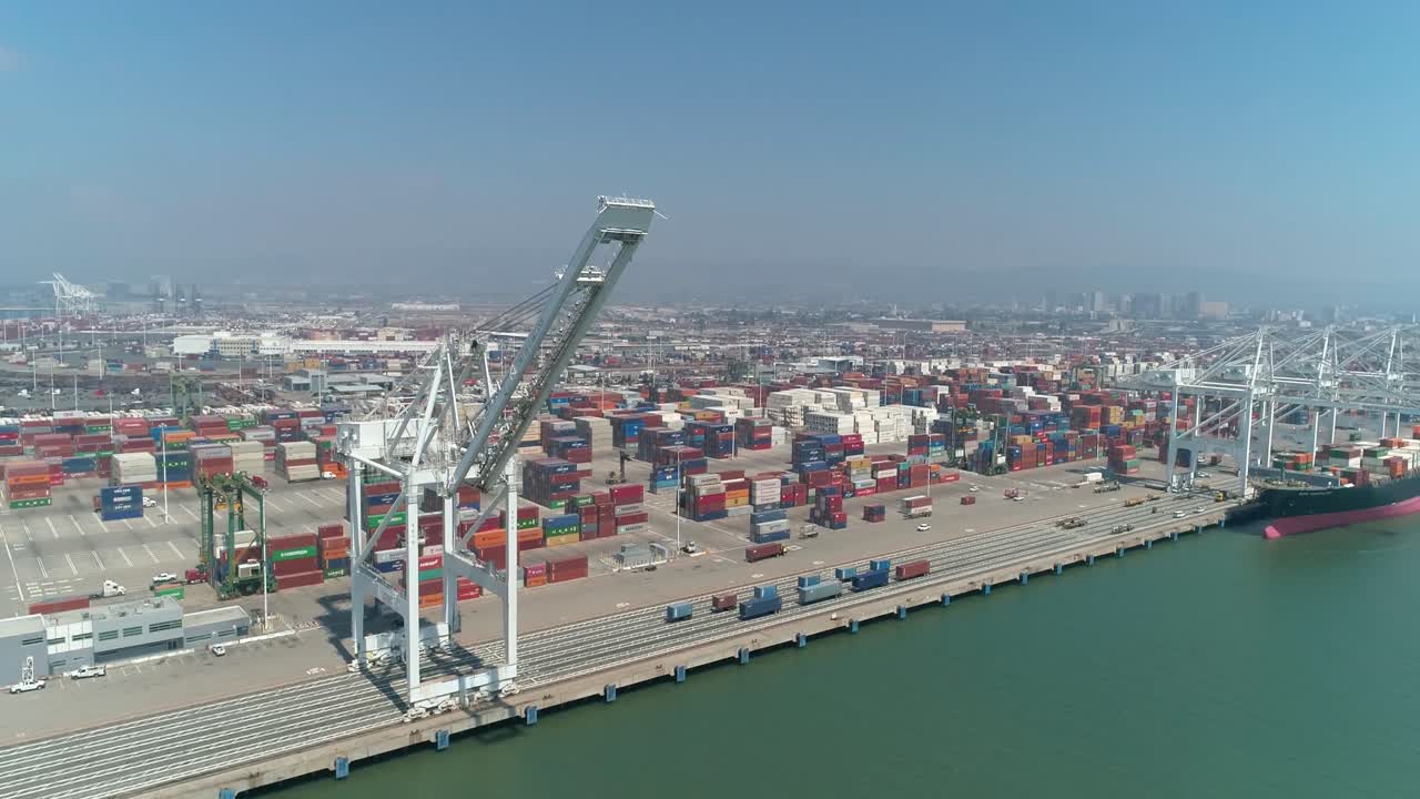 Aerial view of container ships and lifting cranes in the Port of Oakland California