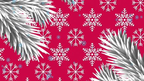 animación de nieve cayendo con abetos blancos sobre fondo rojo