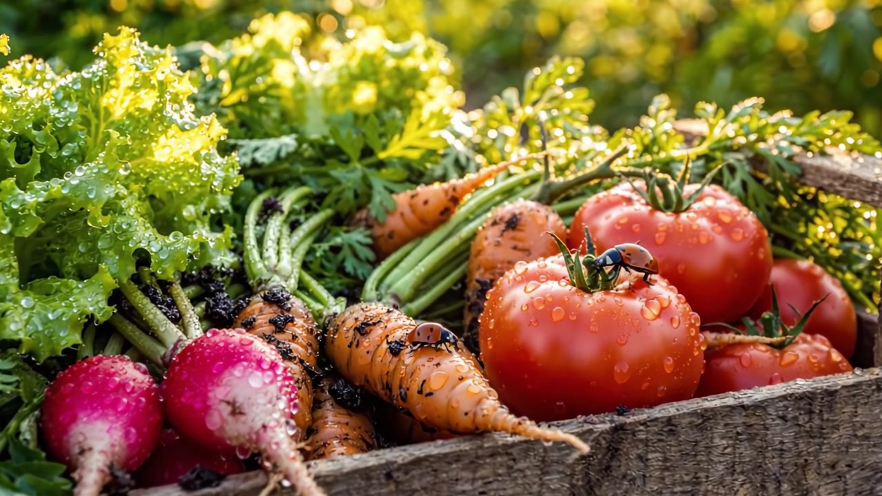 Una cosecha abundante: Verduras frescas y rociadas exhibidas en una caja de madera rústica bajo la luz de la hora dorada, resaltando la belleza de los productos de la naturaleza