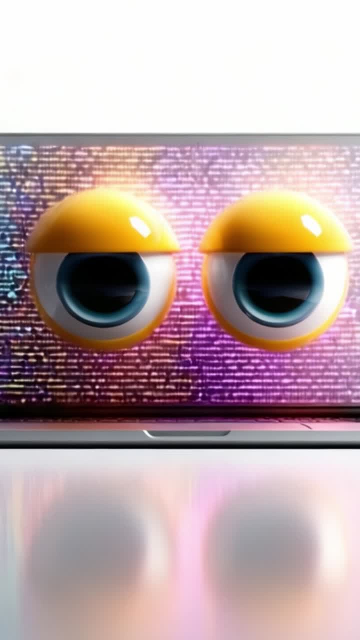 Whimsical Computer Eyes: Colorful Animated Eyes on a Laptop Screen with Vibrant Code Background, Reflecting Playfulness and Curiosity in Digital Space