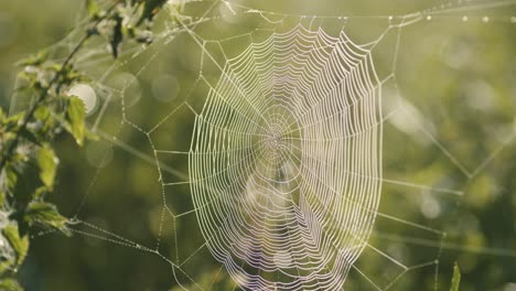 Spider-web-full-with-morning-dew-water-drops-in-sunrise-light