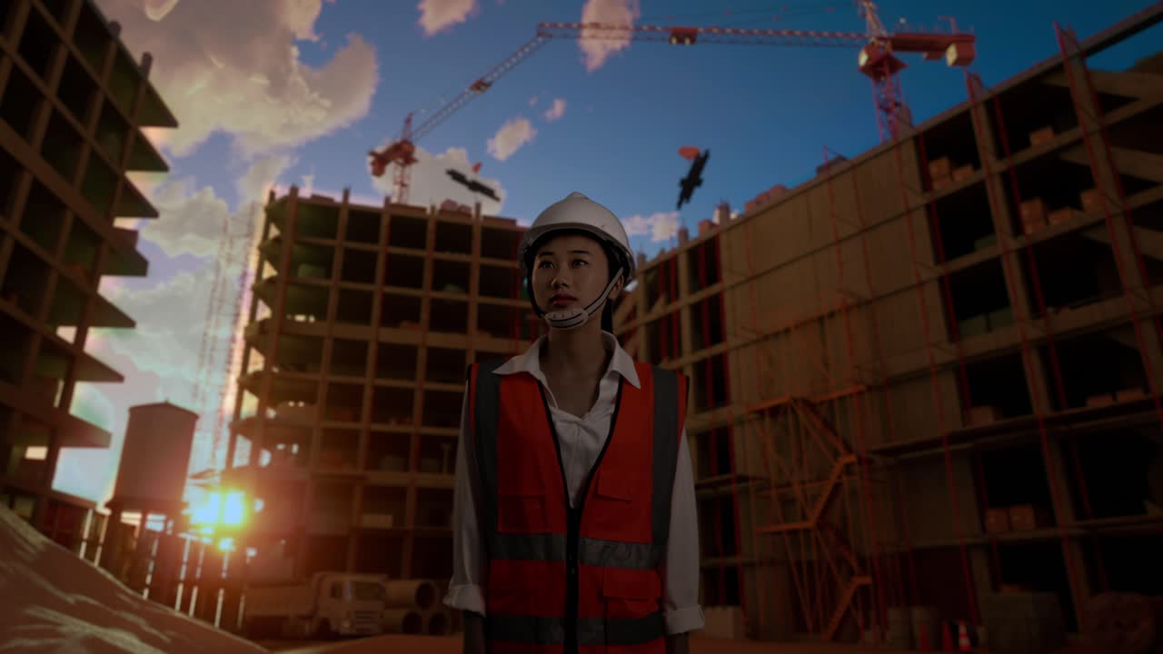 Asian Female Engineer With Safety Helmet Looking Around While Standing At Construction Site, During Sunset Or Sunrise Time