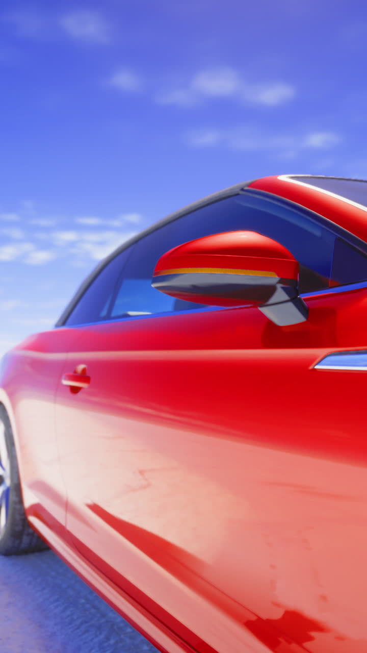 Carro esportivo vermelho elegante parado em salinas sob um céu azul brilhante.