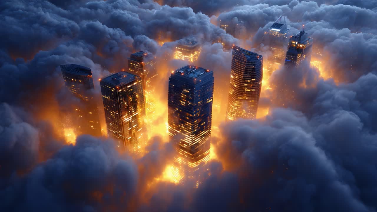 An Aerial View of Illuminated Skyscrapers Rising Above the Clouds, Create a Dramatic Scene of Urban Wonder and Mystical Light Amidst Billowing Fog
