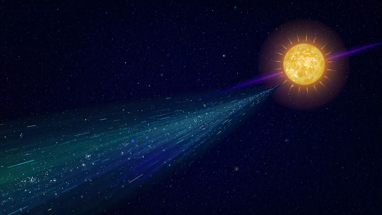 Extending comet tail moving across space toward orange halo star, purple beam pulling fragments