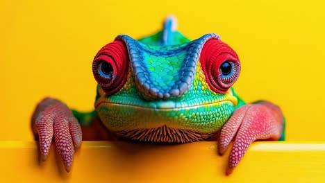 a colorful gecko peeking over a yellow surface