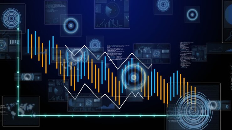 Animation of round scanners and data processing against blue background