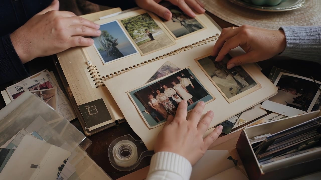 Close up of hands carefully organizing old printed photographs in a vintage style photo album