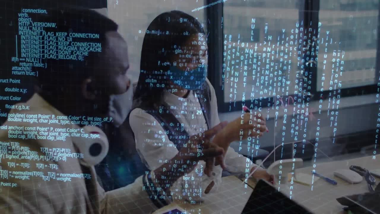 Animation of financial data processing over diverse business people with face masks taking notes