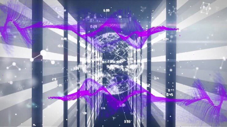 Animation of data processing with globe and shapes on blue background