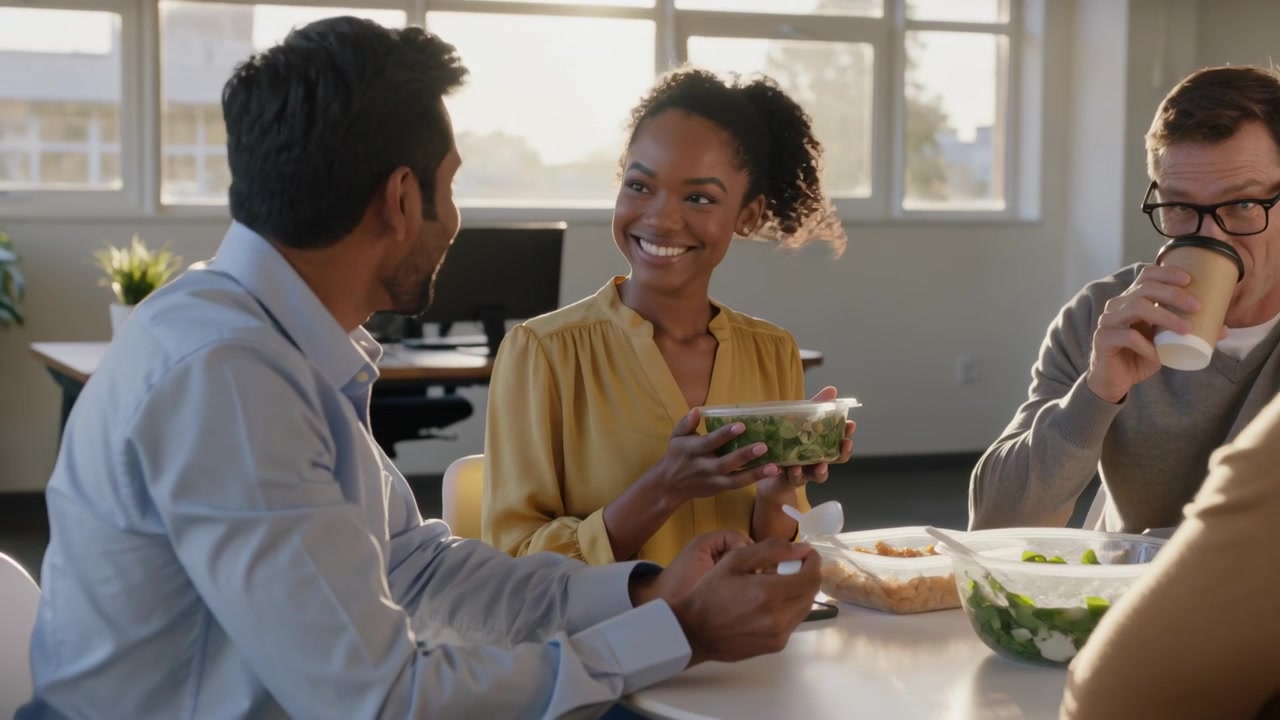 Reaching left man scooping salad into woman mustard top takeout container at office sharing lunch