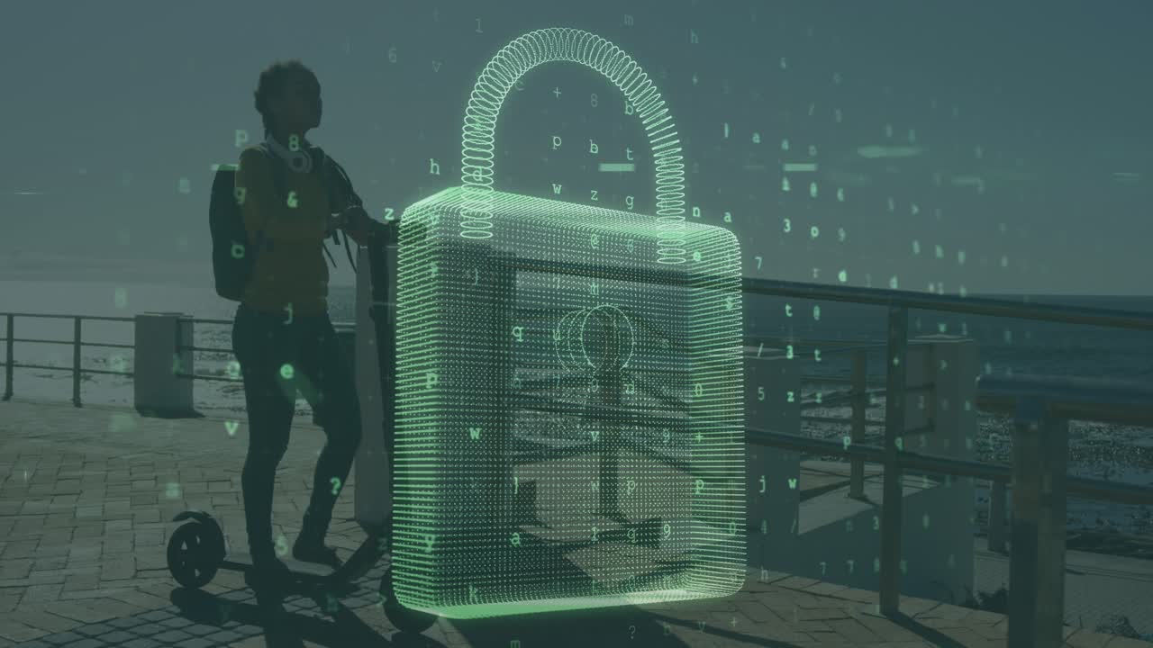 Animation of data processing and padlock over african american woman with scooter
