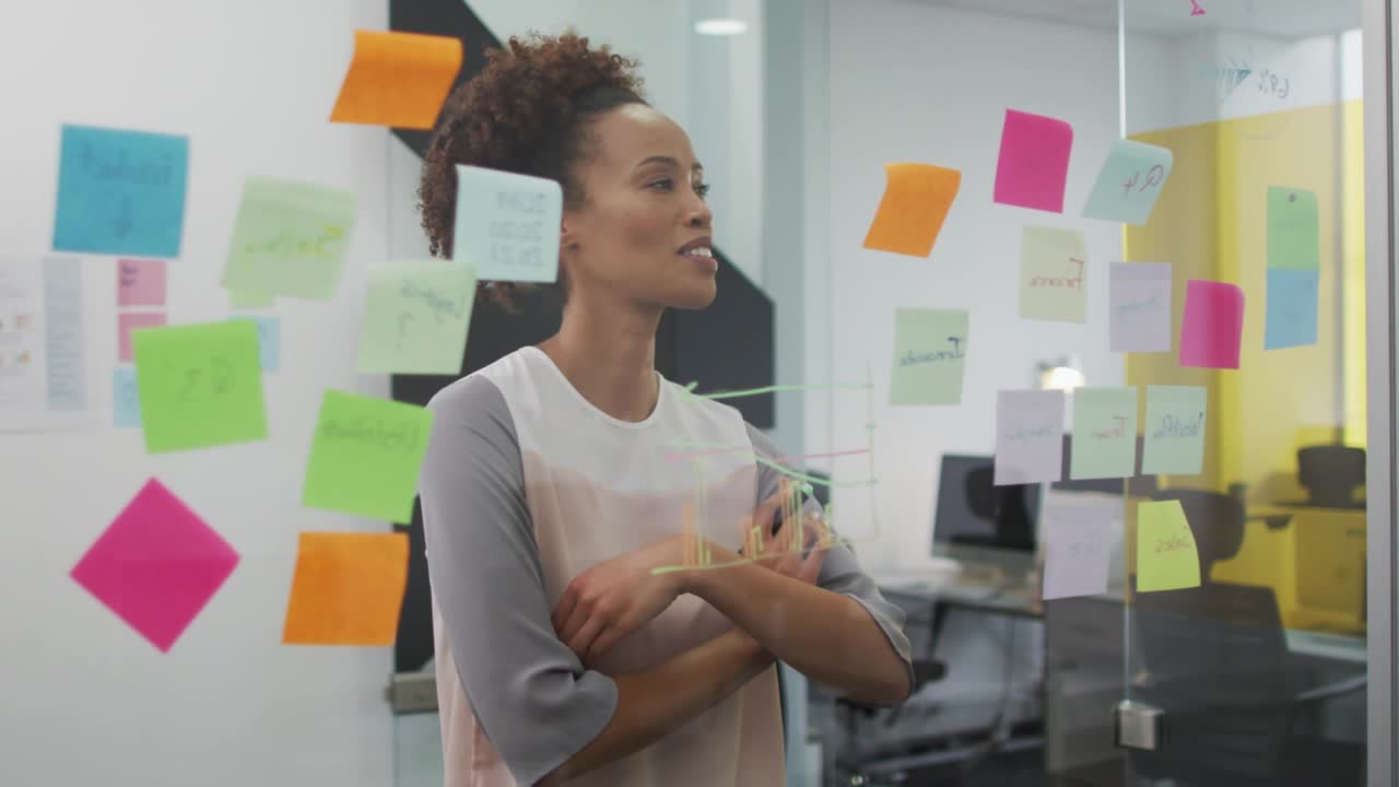 mid adult woman reading sticky notes glass partition causing animated shapes for design brainstorm