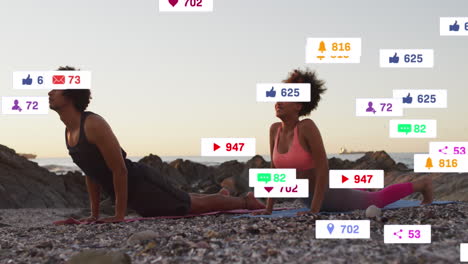 Animación-De-Múltiples-Barras-De-Notificación-Sobre-Parejas-Diversas-Haciendo-Yoga-En-La-Playa