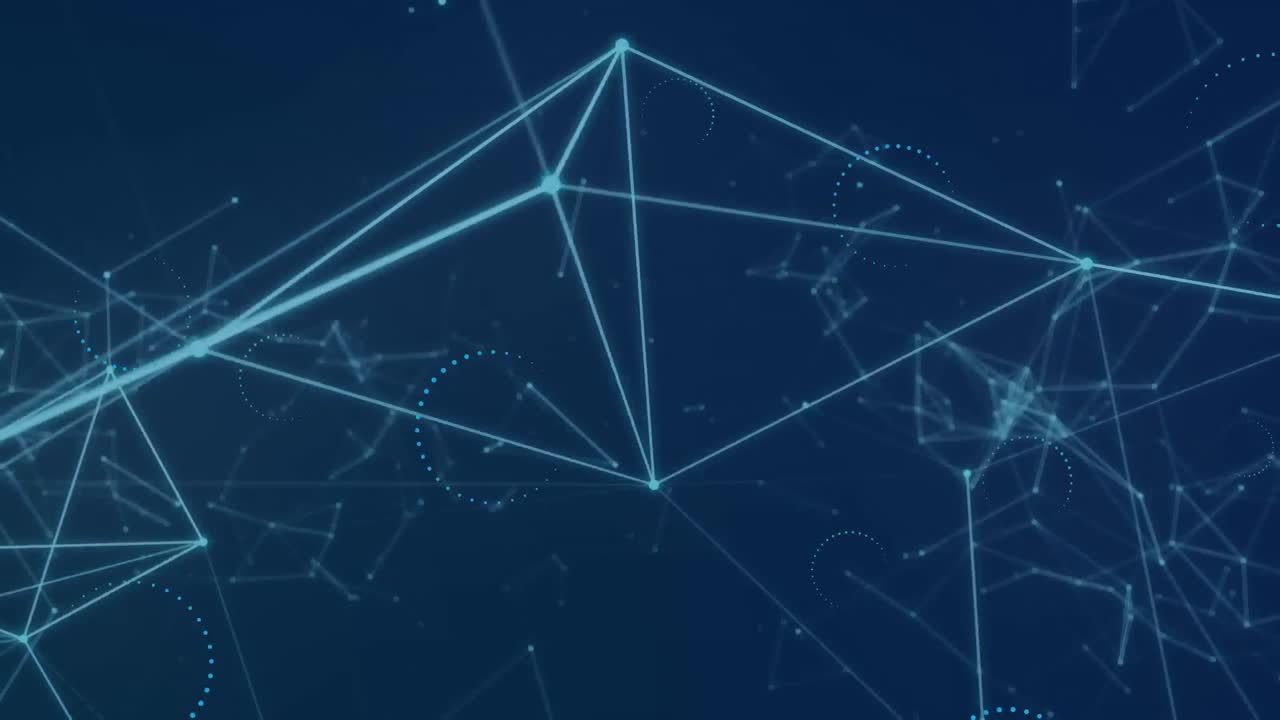 animación de puntos conectados con líneas y círculos de carga que se mueven contra un fondo azul.