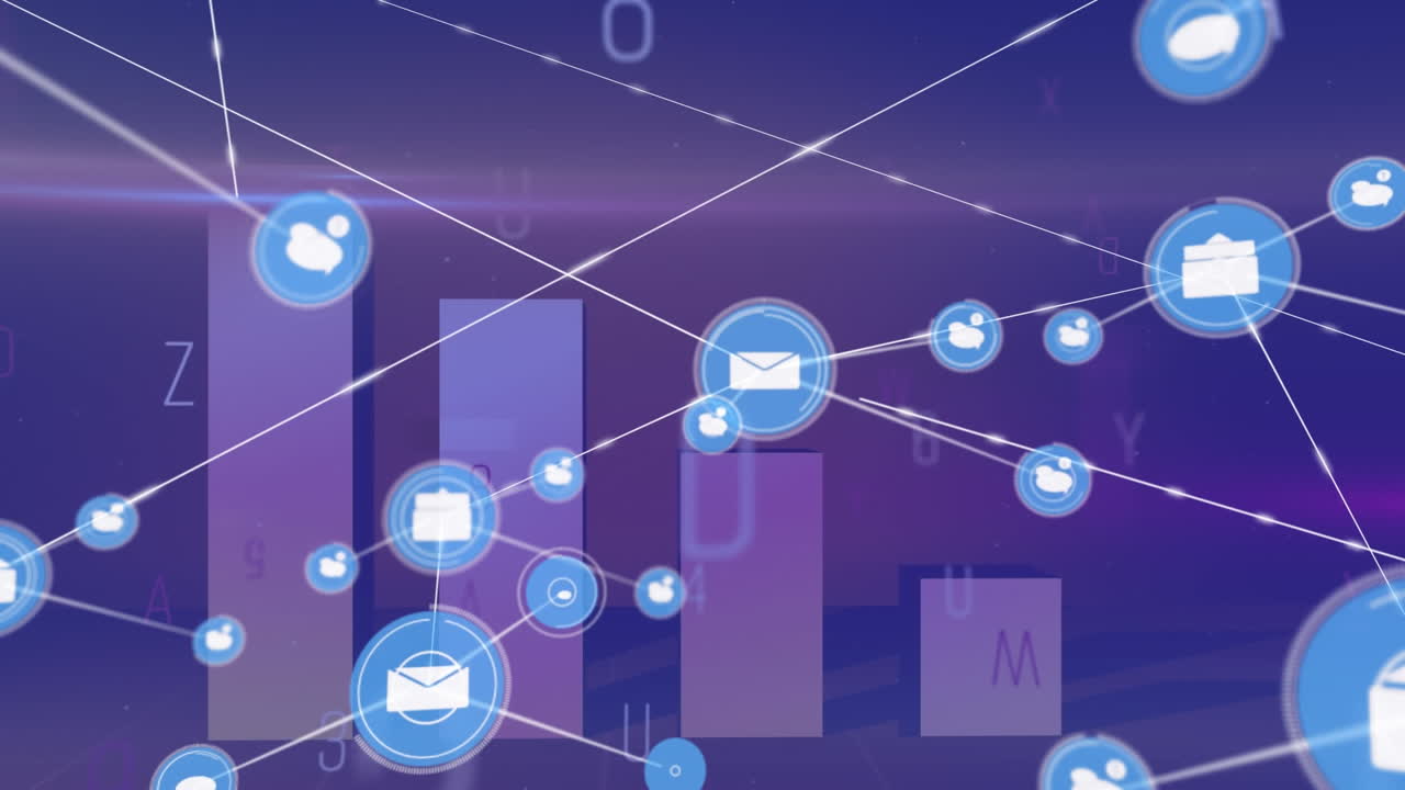 Animation af netværk af ikoner og skiftende tal og alfabeter over statistisk databehandling