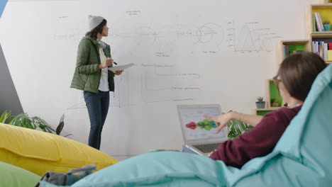 young business women brainstorming colleagues enjoying teamwork discussing strategy writing ideas on whiteboard using project research data in trendy modern office