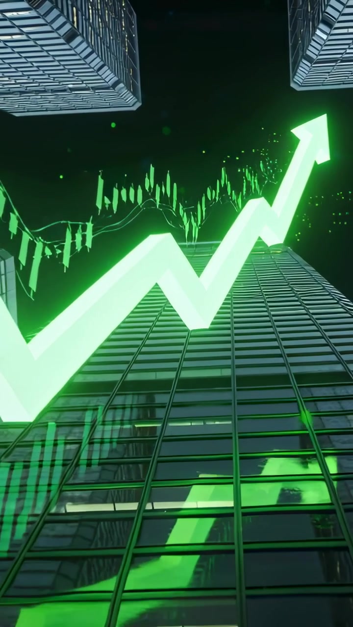 Video verticale: Freccia verde neon che appare e sale tra torri di vetro di notte, mostrando un aumento del grafico.