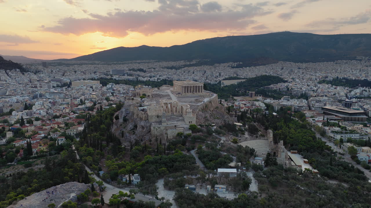 Aerial view of the Acropolis in Athens at sunset
