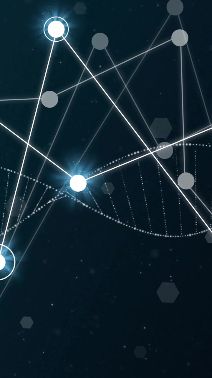 Animation of dna strand over network of connections with glowing spots