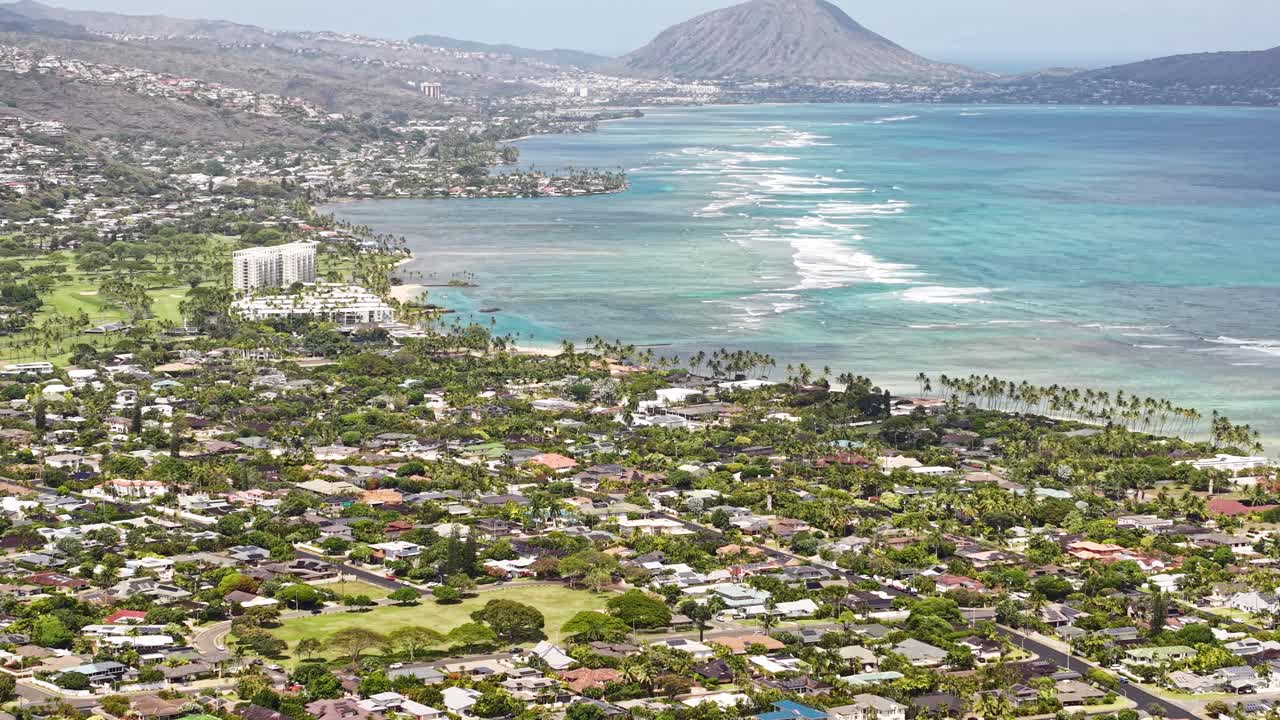Aerial View of Honolulu Hawaii USA Kahala Residential Neighborhood, Houses and Beaches, Drone Shot