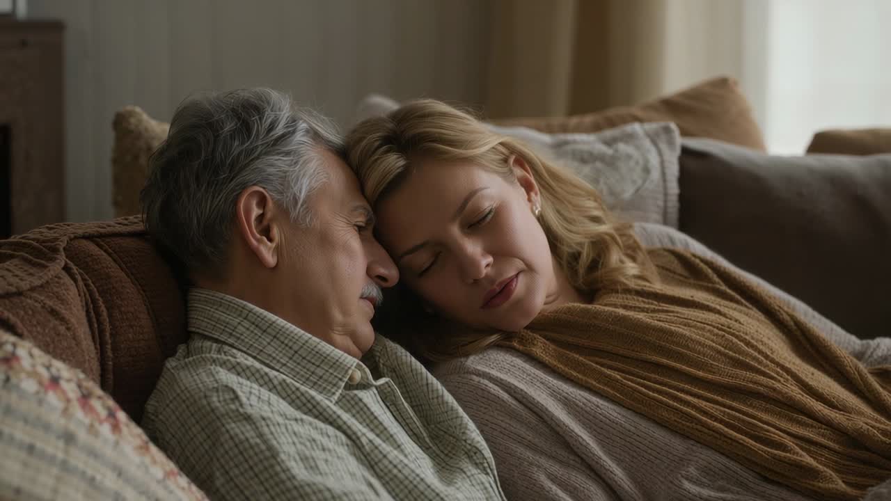 Leaning woman and older man settling on home sofa as daylight filters, seeking comfort with pillows