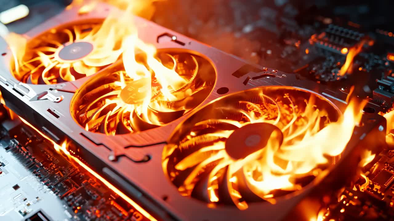 컴퓨터 마더보드 에서 불꽃 이 어나오는 모습