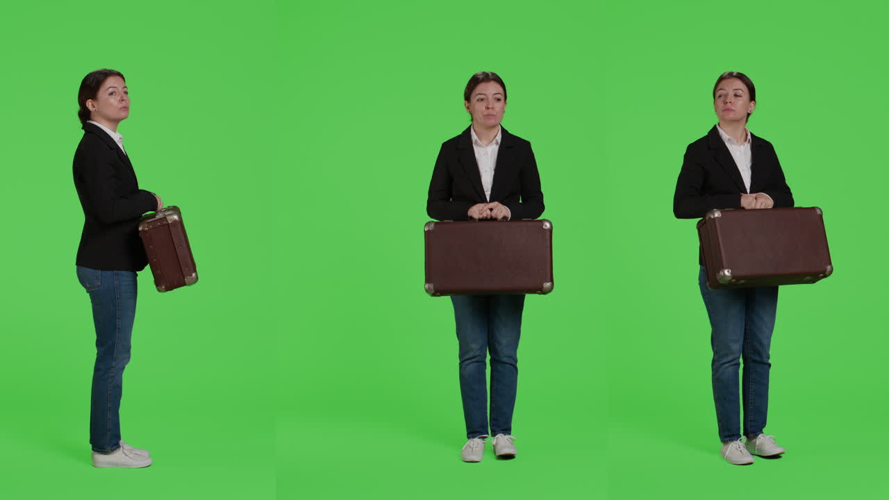 Business woman holding vintage suitcase on green screen