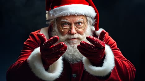 a close up of a man dressed as santa claus with his hands outstretched