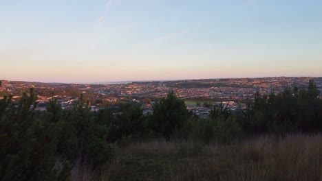 Panorámica-A-Través-De-La-Ciudad-Desde-El-Bosque-Al-Amanecer