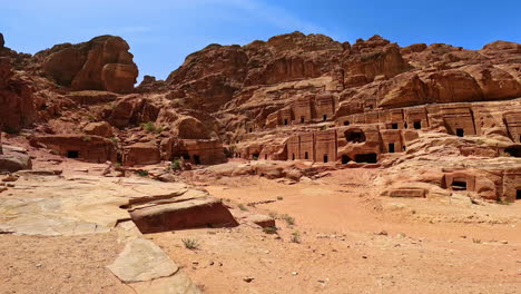 central street of petra or street of facades. panoramic view of famous landmark at daytime. jordan, west asia.