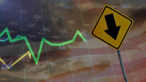 animation of financial data processing over road sign and flag of usa