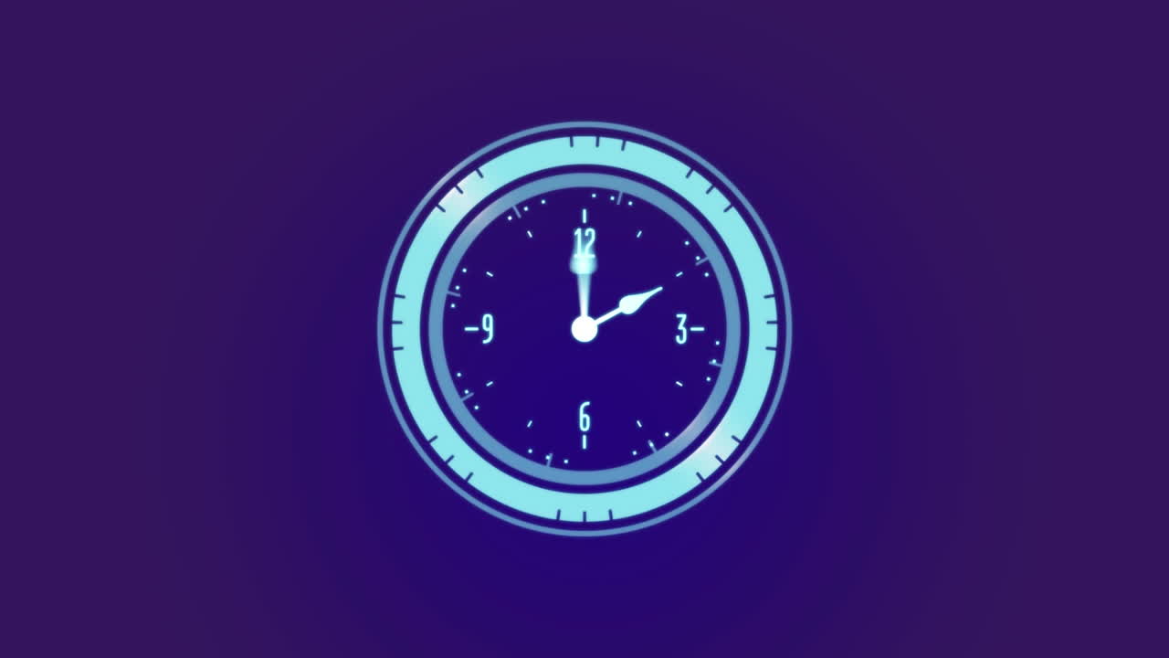 Animation of neon ticking clock against blue gradient background