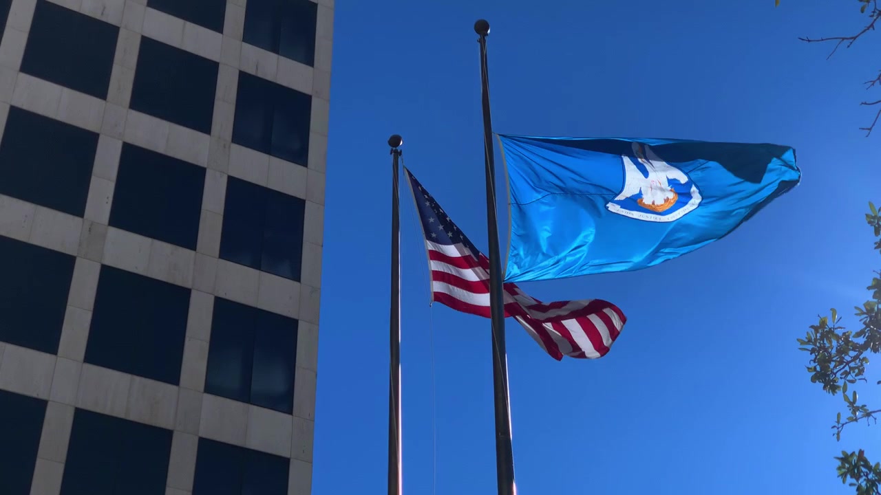 オフィスビルの前にあるアメリカ合衆国とルイジアナ州の旗