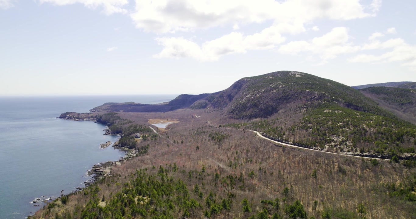 Un volo fluido di drone segue la costa oceanica frastagliata con boschi sempreverdi intorno ad Acadia, Maine, sotto la chiara luce del giorno.