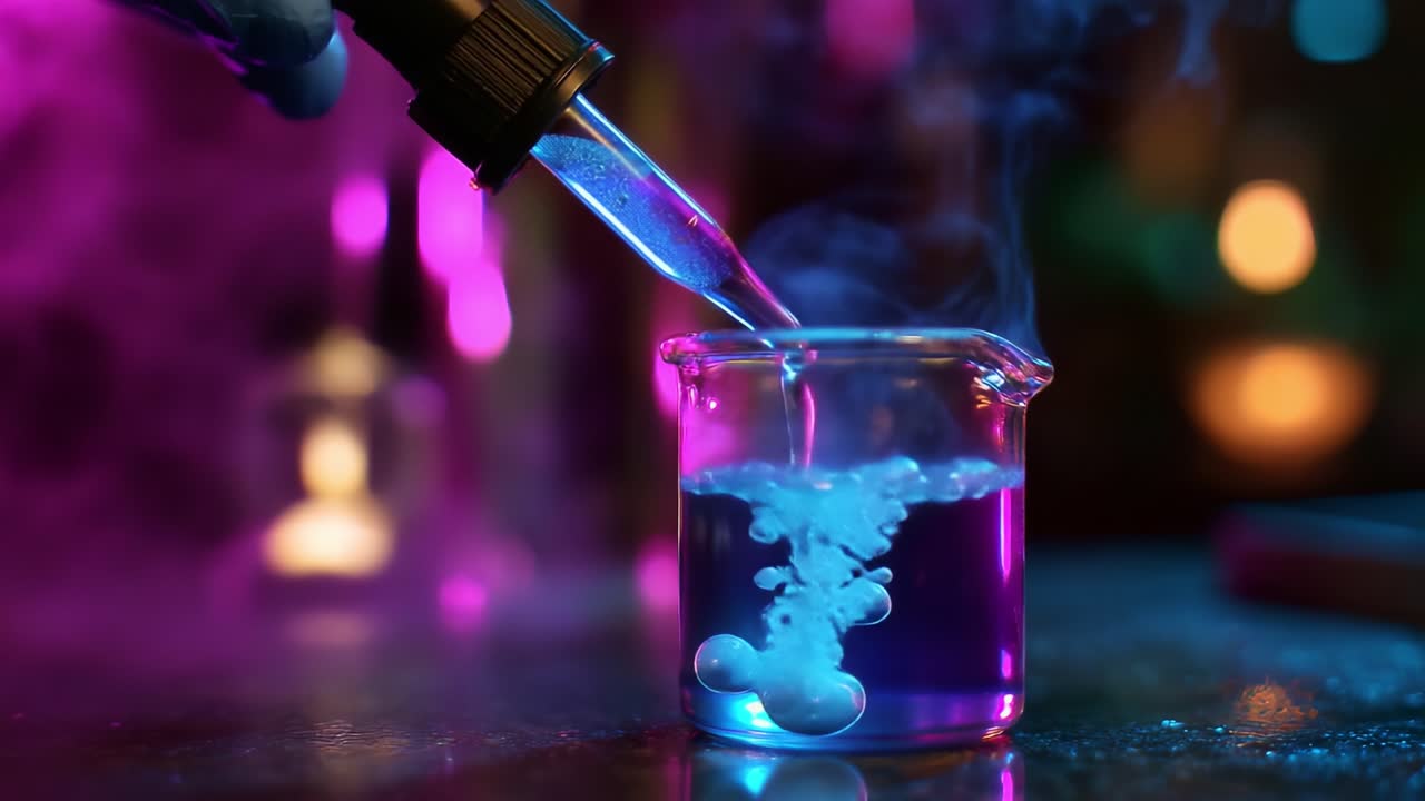 A captivating transformation occurs in a laboratory setup as a dropper releases a vibrant blue liquid into a glass beaker, creating colorful reactions accompanied by mystical swirling smoke and effervescent bubbles