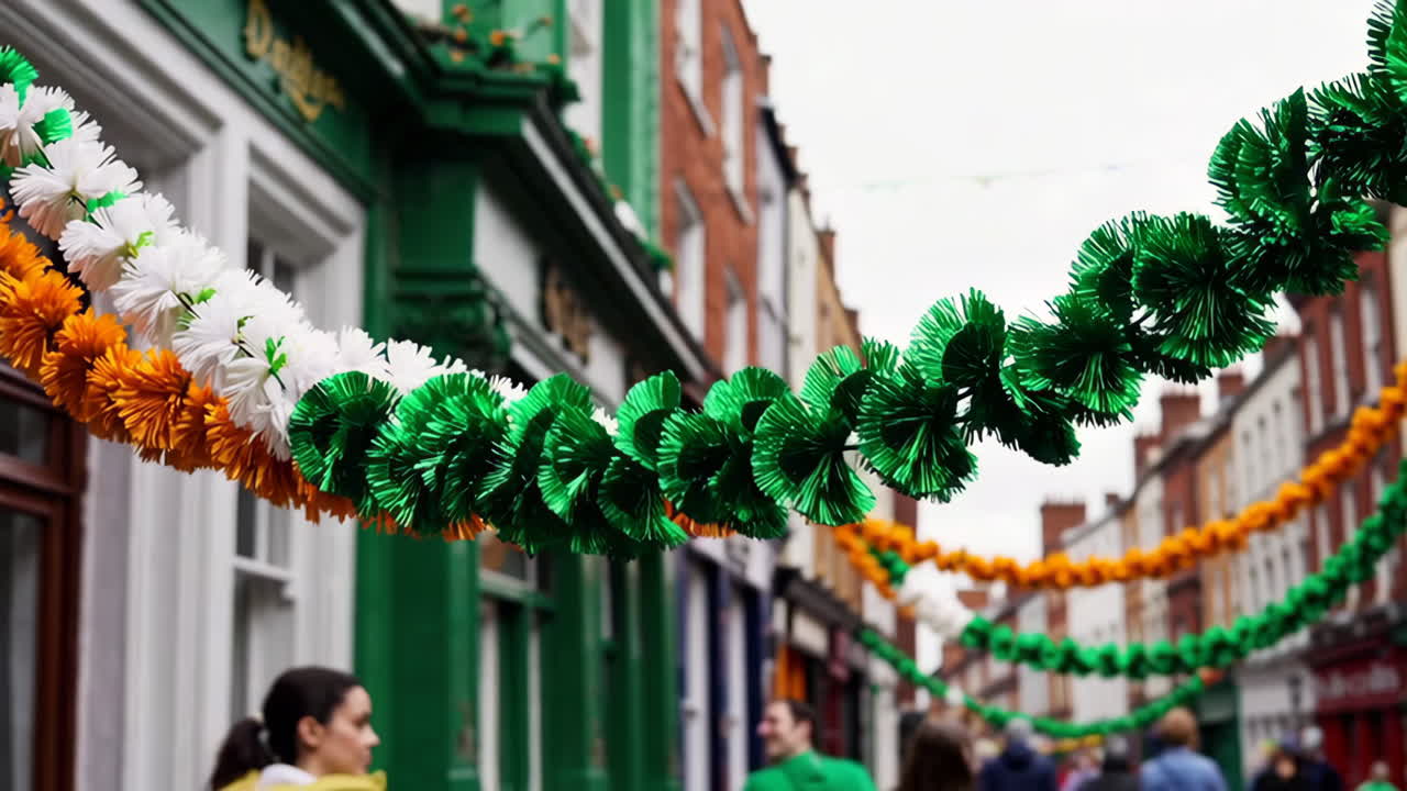 Street decorated with Irish flag colored garlands for a celebration