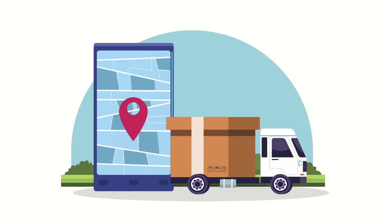 logistic service animation with truck and smartphone