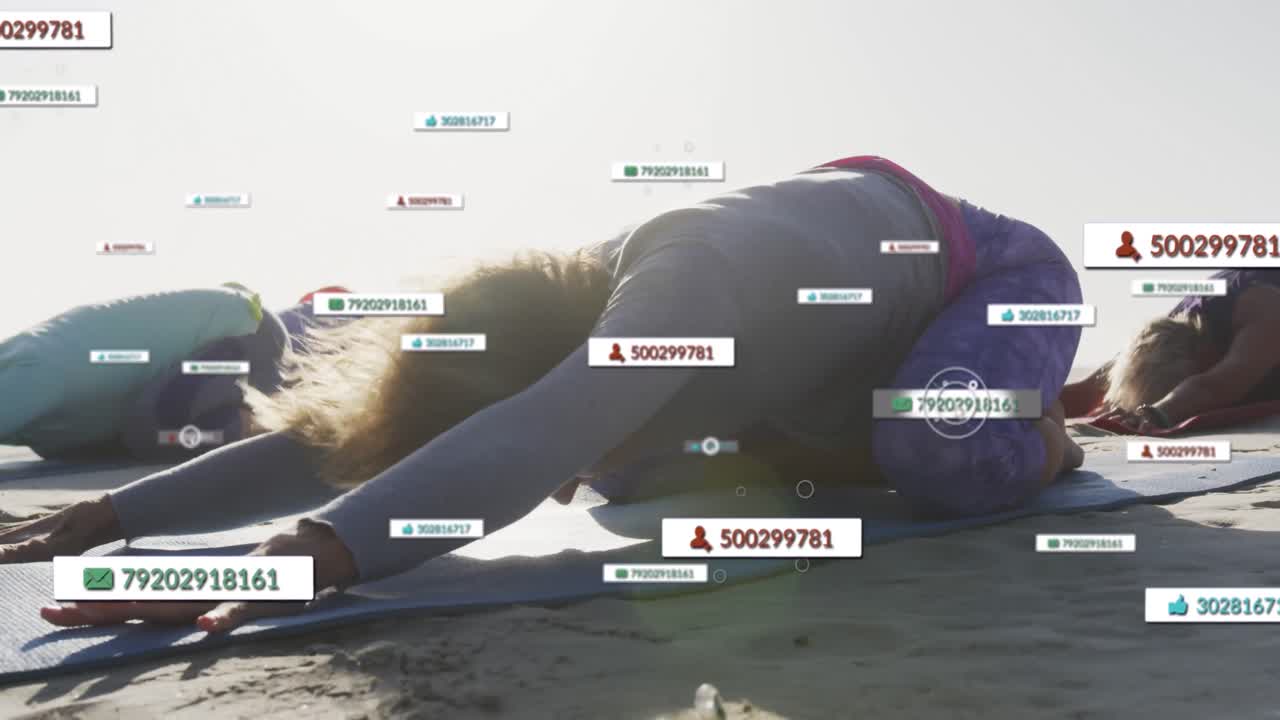 animación de notificaciones en las redes sociales, sobre mujeres haciendo yoga en la playa