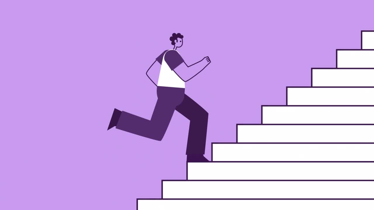 Purple Style Man Flat Character Run Up the Stairs. Isolated Loop Animation with Alpha Channel